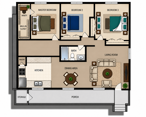 Floor plan for 3 beds, 1 bath, 1320 sqft